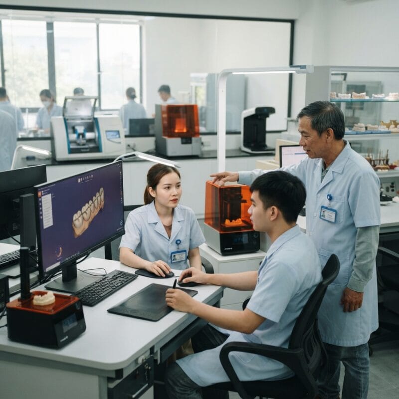 Dental technicians working on digital dental CAD designs in a modern lab - How Small Dental Labs Survive the Technician Shortage Without Lowering Quality in 2026
