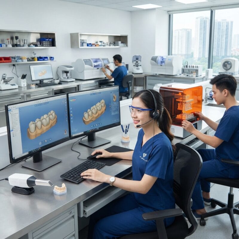 Dental technicians working on digital dental CAD designs in a modern lab - How digital workflows and AI reduce the impact of the dental technician shortage in 2026