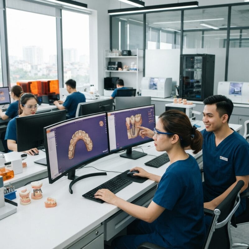 Dental technicians working on digital dental CAD designs in a modern lab - How much does 3D dental design outsourcing cost in 2026?