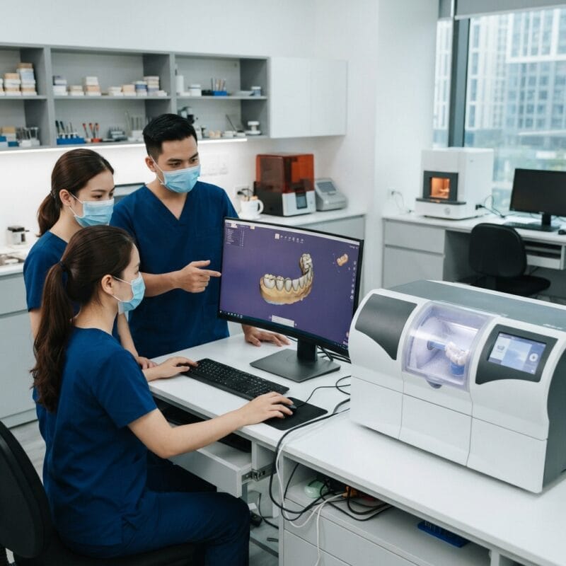 Dental technicians working on digital dental CAD designs in a modern lab - How Dental Clinics with In-House Milling Cover the CAD Design Bottleneck in 2026