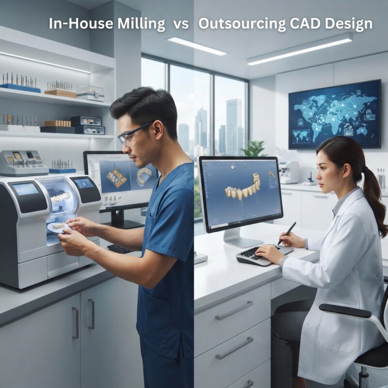 Dental technicians working on digital dental CAD designs in a modern lab - In-House Milling vs Outsourcing CAD Design 2026: What’s Best?