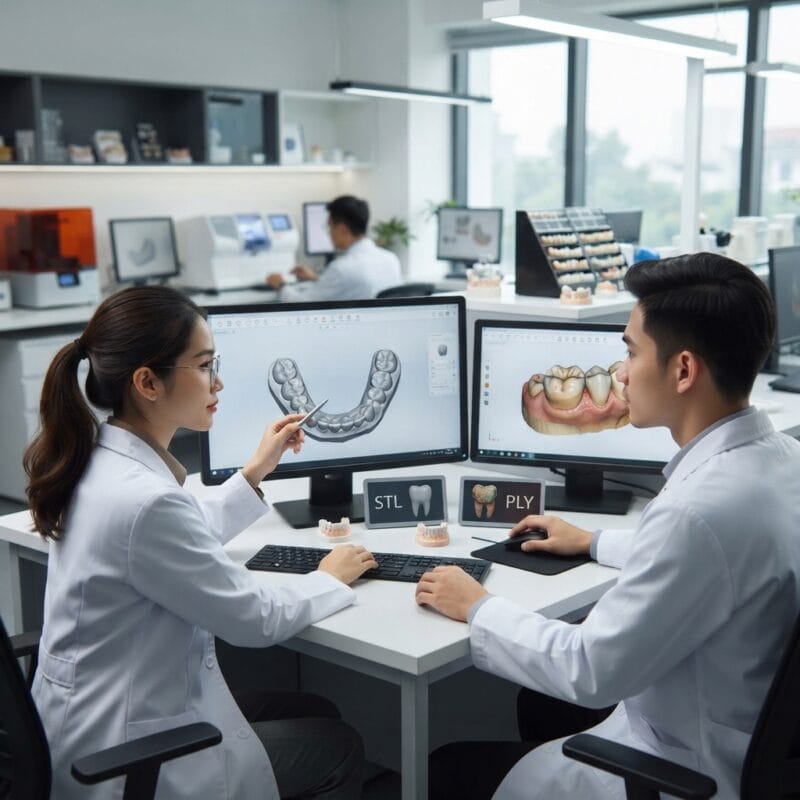 Dental technicians working on digital dental CAD designs in a modern lab - 3D dental file formats explained: STL vs PLY for labs 2026