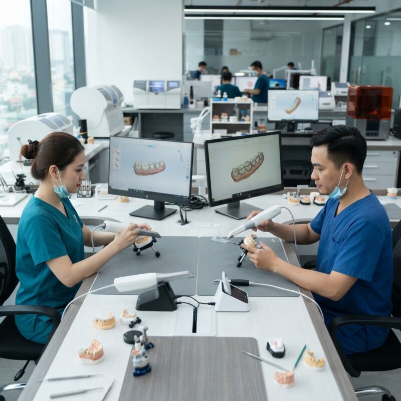 Dental technicians working on digital dental CAD designs in a modern lab - Medit i900 vs 3Shape TRIOS 5 intraoral scanner 2026: Ultimate Comparison