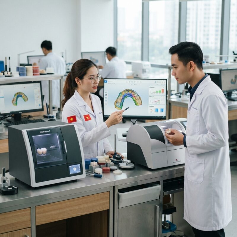 Dental technicians working on digital dental CAD designs in a modern lab - Roland DWX vs Amann Girrbach Ceramill dental milling 2026: Which to Choose?