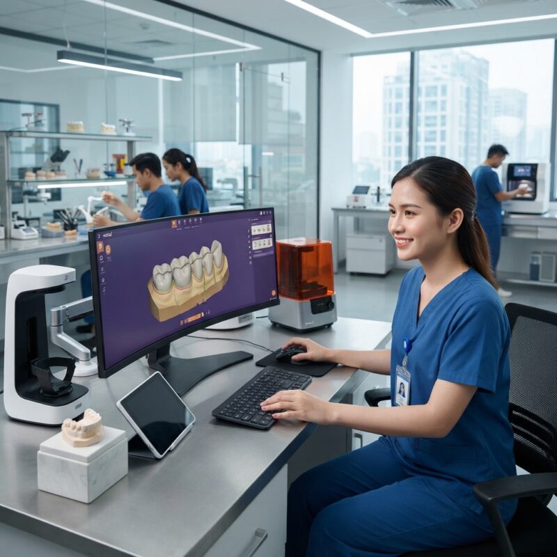 Dental technicians working on digital dental CAD designs in a modern lab - Top features to look for in a dental CAD design service 2026