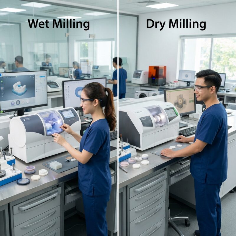 Dental technicians working on digital dental CAD designs in a modern lab - Wet vs Dry Dental Milling 2026: Which Is Best for Your Lab?