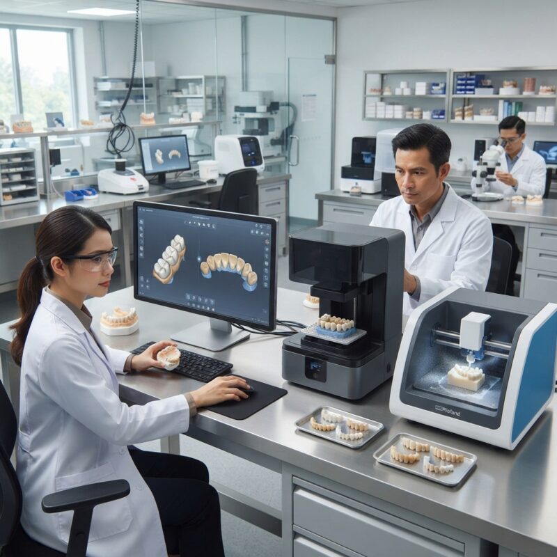 Dental technicians working on digital dental CAD designs in a modern lab - How a 3D Lab Streamlines Crown and Bridge Production 2026