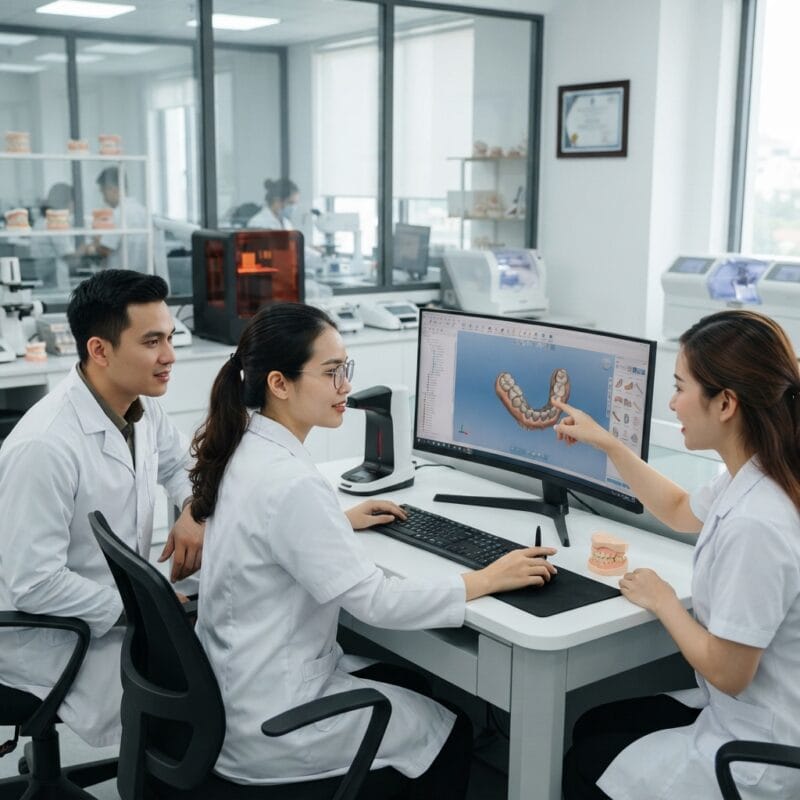 Dental technicians working on digital dental CAD designs in a modern lab - 3D dental design certifications dental labs should look for 2026