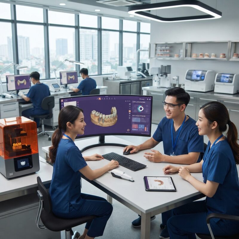 Dental technicians working on digital dental CAD designs in a modern lab - Choosing 3D lab software for multi location dental practices 2026
