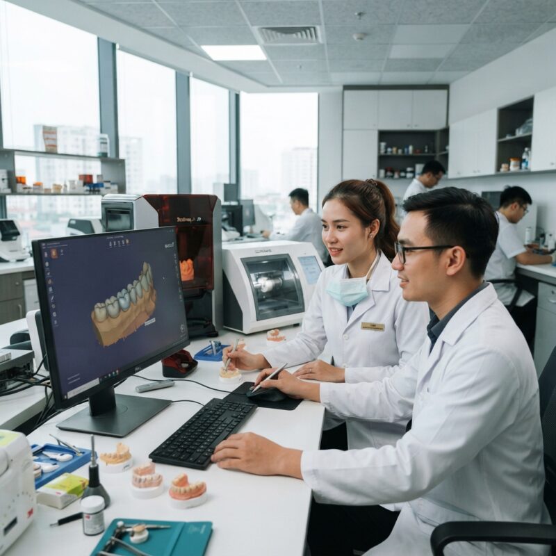 Dental technicians working on digital dental CAD designs in a modern lab - 3D Lab Case Study: How Outsourcing Improved Turnaround Time 2026
