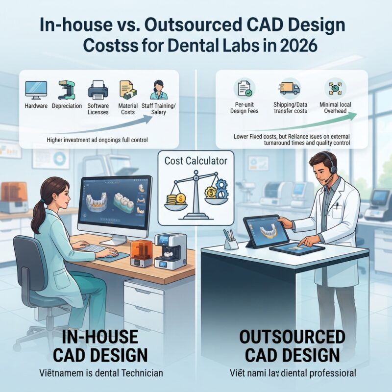 Dental technicians working on digital dental CAD designs in a modern lab - In-house vs Outsourced CAD Design: Cost Calculator for Dental Labs in 2026