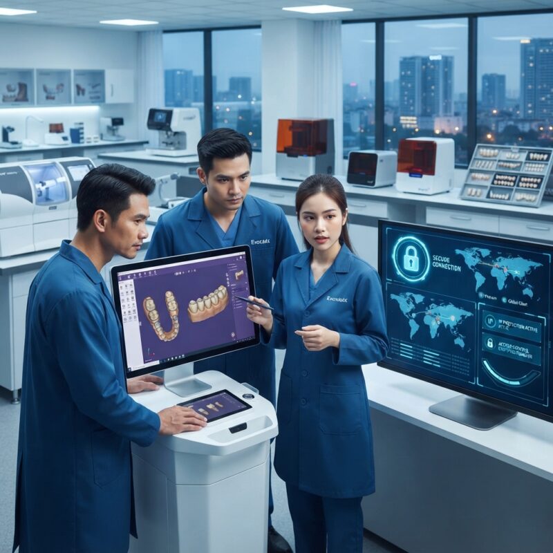 Dental technicians working on digital dental CAD designs in a modern lab - Data Security and IP Protection When Outsourcing Dental Design to Vietnam vs China in 2026