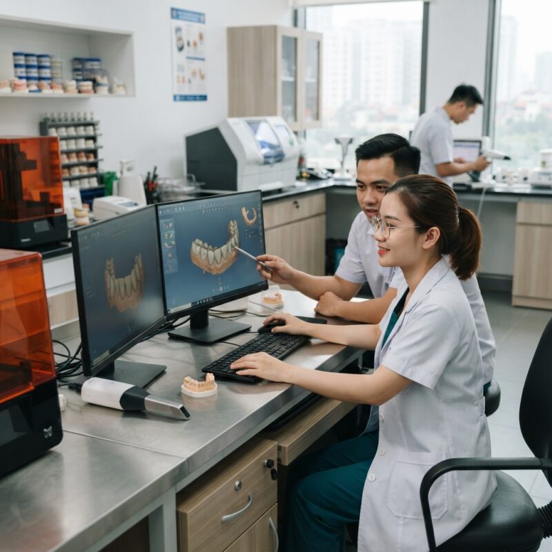 Dental technicians working on digital dental CAD designs in a modern lab - How to Reduce Dental Lab Material Waste and Remake Costs in 2026