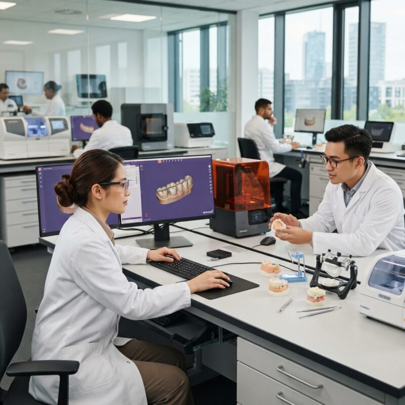 Dental technicians working on digital dental CAD designs in a modern lab - New Dental Lab Tax and Regulation Changes in Germany 2026