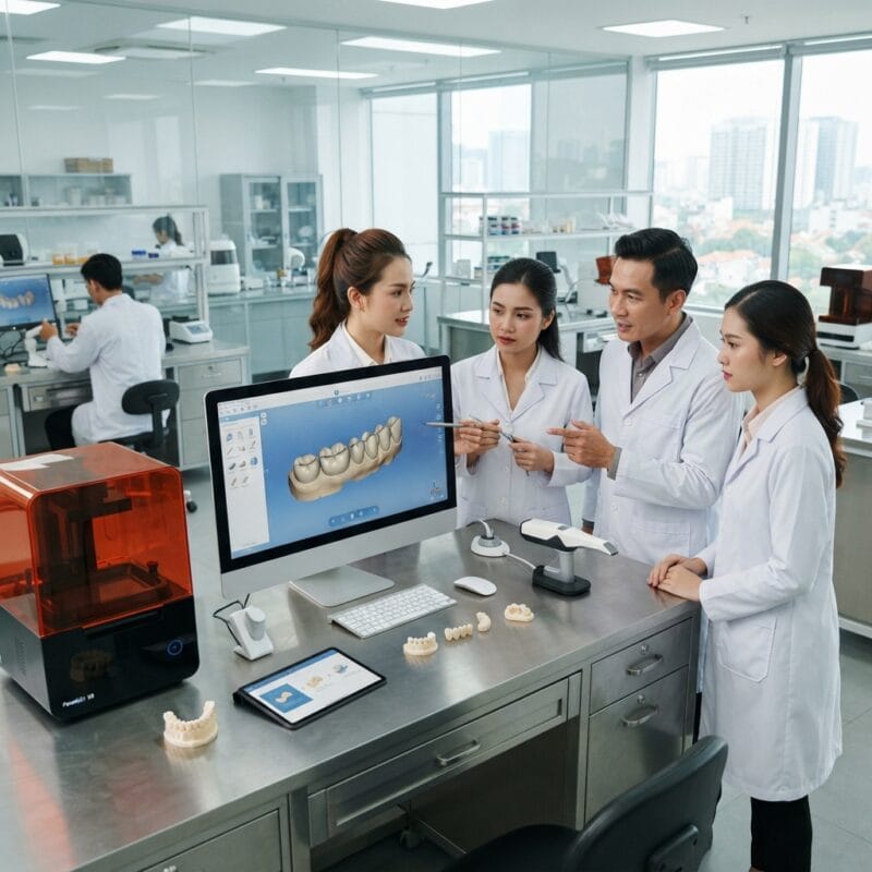 Dental technicians working on digital dental CAD designs in a modern lab - How to choose a 3D dental lab partner: complete checklist 2026
