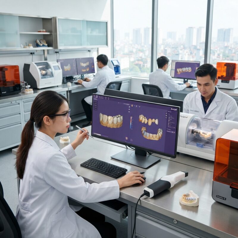 Dental technicians working on digital dental CAD designs in a modern lab - Import Duties and Tariffs on Dental Prosthetics by Country in 2026