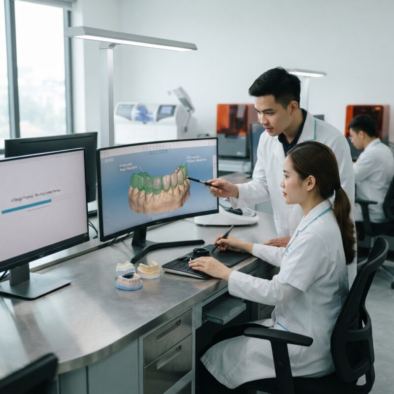Dental technicians working on digital dental CAD designs in a modern lab - AI-assisted dental CAD design in 2026: what it can and cannot do