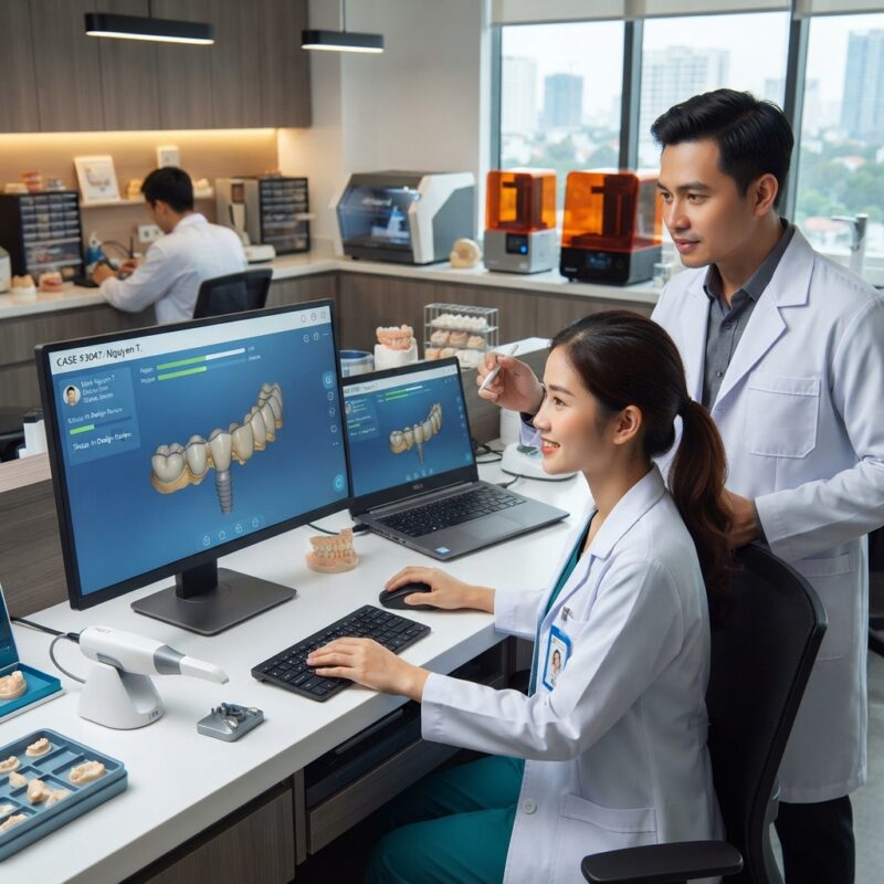 Dental technicians working on digital dental CAD designs in a modern lab - How to Submit and Track Dental Design Cases Online with a Lab Portal in 2026
