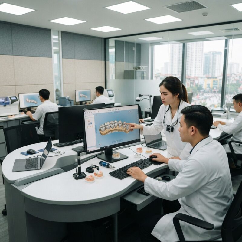 Dental technicians working on digital dental CAD designs in a modern lab - Outsourcing Crown and Bridge CAD Design to Vietnam in 2026: Process, Pricing and Turnaround