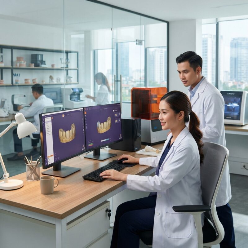 Dental technicians working on digital dental CAD designs in a modern lab - Dental Lab Pricing Trends and Average CAD Design Fees Around the World in 2026