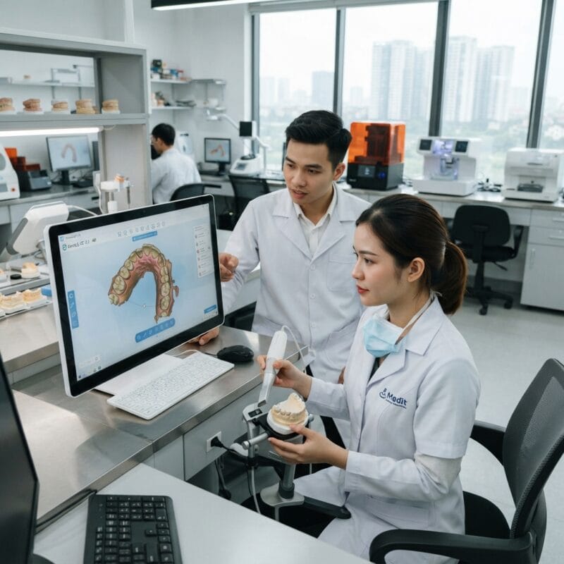 Dental technicians working on digital dental CAD designs in a modern lab - 3D dental scanning technology explained for clinics 2026