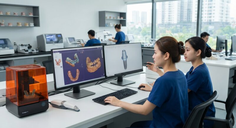 Dental technicians working on digital dental CAD designs in a modern lab - Outsourcing Implant Abutment and Surgical Guide Design to Vietnam in 2026