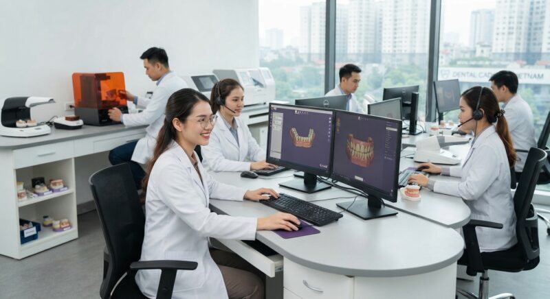 Dental technicians working on digital dental CAD designs in a modern lab - Outsourcing Digital Denture Design to Vietnam in 2026: A Guide for Dental Labs