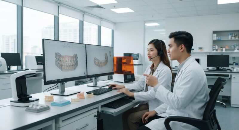 Dental technicians working on digital dental CAD designs in a modern lab - Outsourcing Clear Aligner and Orthodontic Model Design in 2026: What Labs Should Know