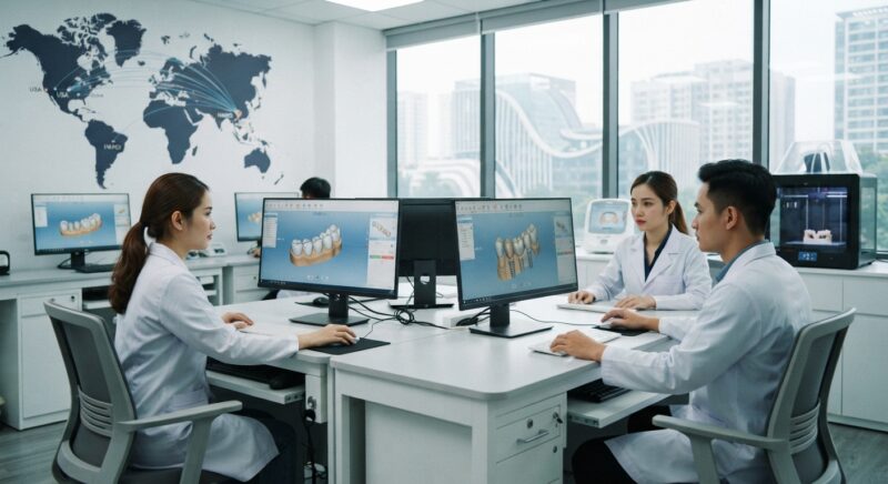 Dental technicians working on digital dental CAD designs in a modern lab - Why Dental Labs in the USA Are Outsourcing CAD Design to Vietnam in 2026