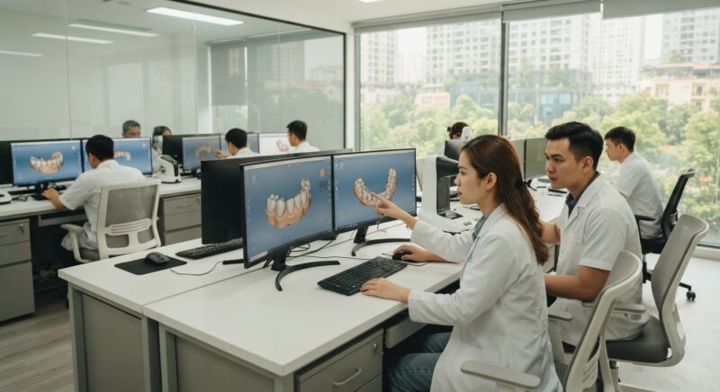 Dental technicians working on digital dental CAD designs in a modern lab - Why Dental Labs in the UK Are Outsourcing CAD Design to Vietnam in 2026
