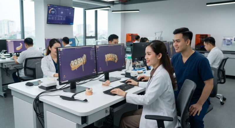 Dental technicians working on digital dental CAD designs in a modern lab - Why Dental Labs in Canada Are Outsourcing CAD Design to Vietnam in 2026