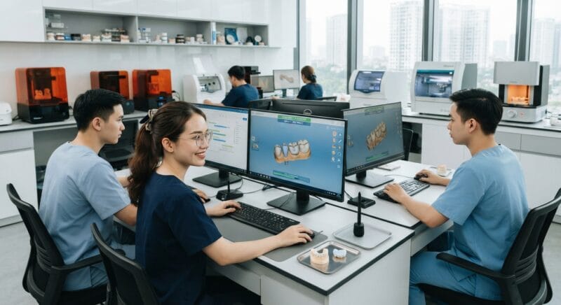 Dental technicians working on digital dental CAD designs in a modern lab - 3D dental lab turnaround time standards to expect in 2026