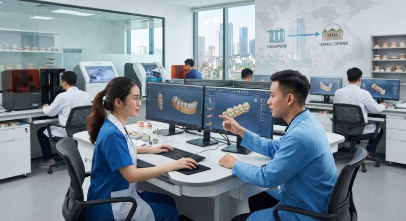 Dental technicians working on digital dental CAD designs in a modern lab - Why Singapore Dental Labs Are Outsourcing CAD Design to Vietnam in 2026