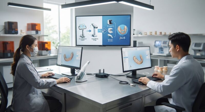 Dental technicians working on digital dental CAD designs in a modern lab - iTero scanner vs open-STL scanners: lab compatibility 2026