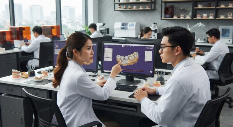 Dental technicians working on digital dental CAD designs in a modern lab - Hidden Risks of Outsourcing Dental Design to the Middle East in 2026