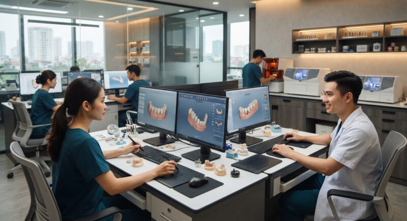 Dental technicians working on digital dental CAD designs in a modern lab - Vietnam dental CAD design talent pool in 2026: skills, training and quality standards