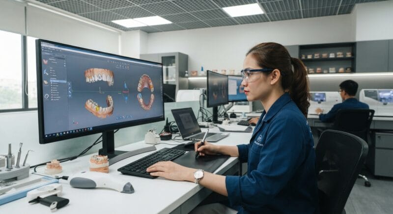 Dental technicians working on digital dental CAD designs in a modern lab - 3D dental modeling software comparison for outsourcing labs 2026