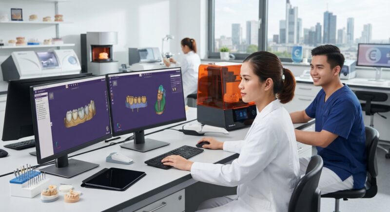 Dental technicians working on digital dental CAD designs in a modern lab - How to Reduce Dental Lab Costs in Germany and Europe in 2026