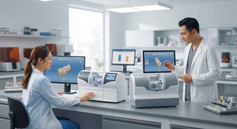 Dental technicians working on digital dental CAD designs in a modern lab - Dentsply Sirona CEREC vs Planmeca PlanMill chairside milling 2026: Full Comparison