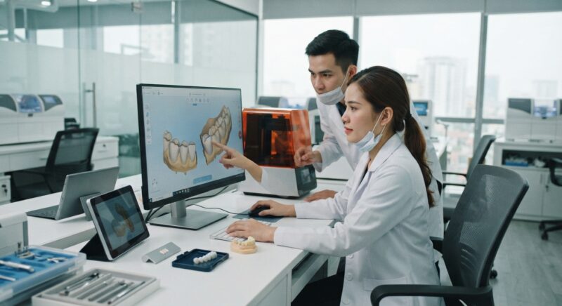 Dental technicians working on digital dental CAD designs in a modern lab - How to Reduce Dental Lab Remakes and Rework Costs with Better Digital Design in 2026