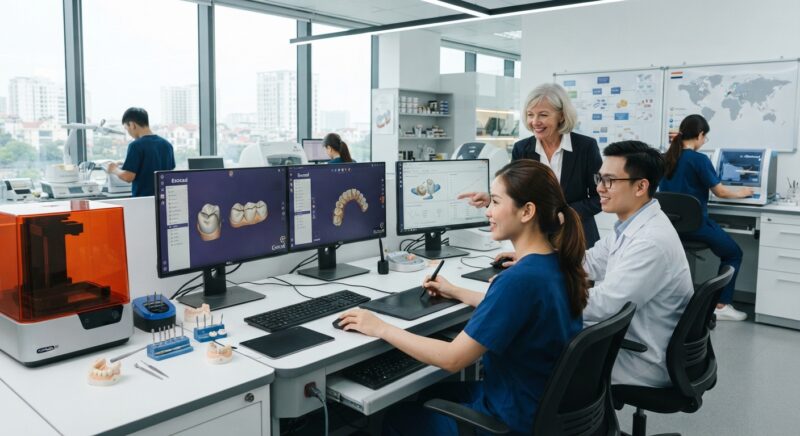 Dental technicians working on digital dental CAD designs in a modern lab - New Tax Rules for Dental Labs in the Netherlands and Belgium in 2026