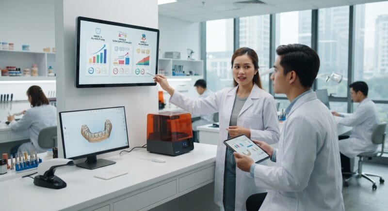 Dental technicians working on digital dental CAD designs in a modern lab - 3D Dental Lab Pricing Models Explained for Clinics 2026