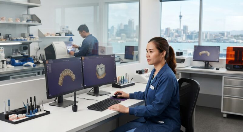 Dental technicians working on digital dental CAD designs in a modern lab - Dental Lab Tax and Regulation Changes in New Zealand in 2026: What Labs Must Know