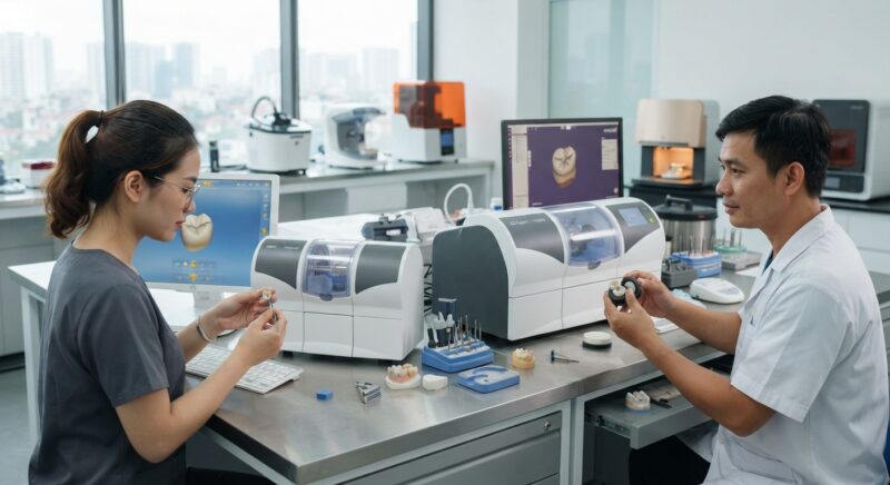 Dental technicians working on digital dental CAD designs in a modern lab - CEREC vs in-house lab milling for single crowns 2026