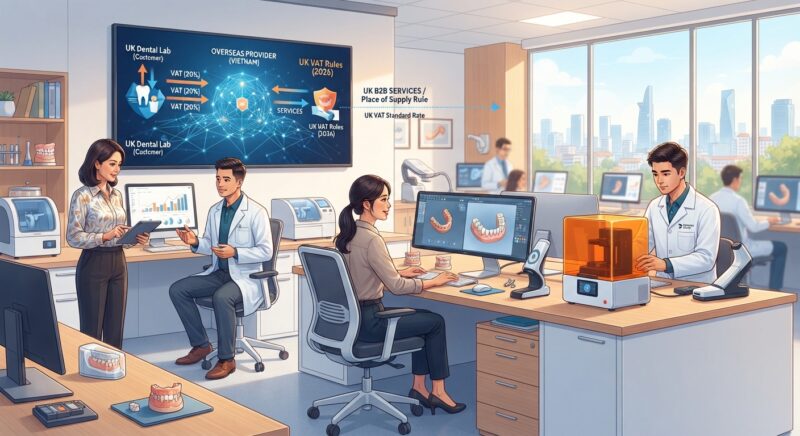 Dental technicians working on digital dental CAD designs in a modern lab - UK VAT rules for dental laboratories and outsourced design in 2026