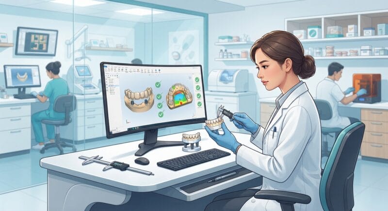 Dental technicians working on digital dental CAD designs in a modern lab - 3D dental lab quality control checklist for outsourcing partners 2026