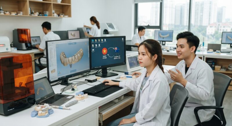 Dental technicians working on digital dental CAD designs in a modern lab - Australian GST treatment of dental prosthetics and offshore design services in 2026