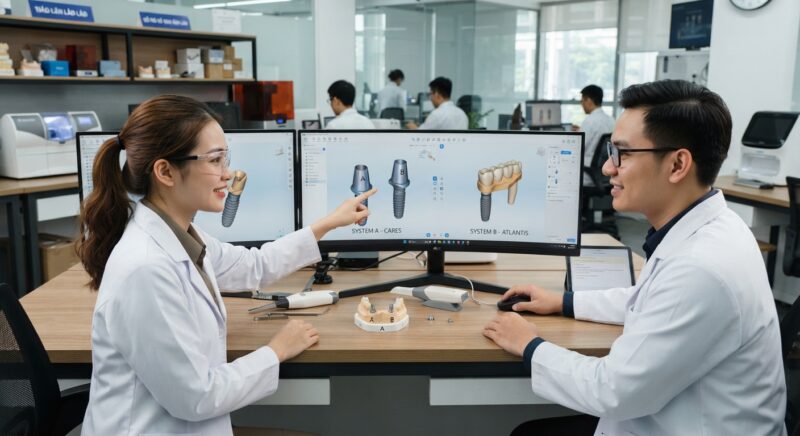 Dental technicians working on digital dental CAD designs in a modern lab - Straumann CARES vs Dentsply Sirona Atlantis implant abutments 2026