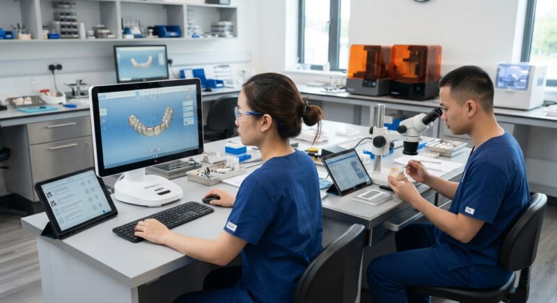 Dental technicians working on digital dental CAD designs in a modern lab - Medical Device Compliance for Dental Labs in the UK (MHRA) in 2026