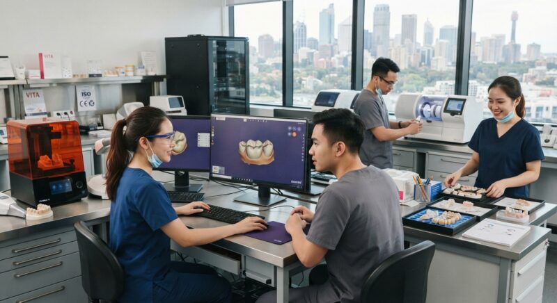 Dental technicians working on digital dental CAD designs in a modern lab - Medical Device Compliance for Dental Labs in Australia (TGA) in 2026